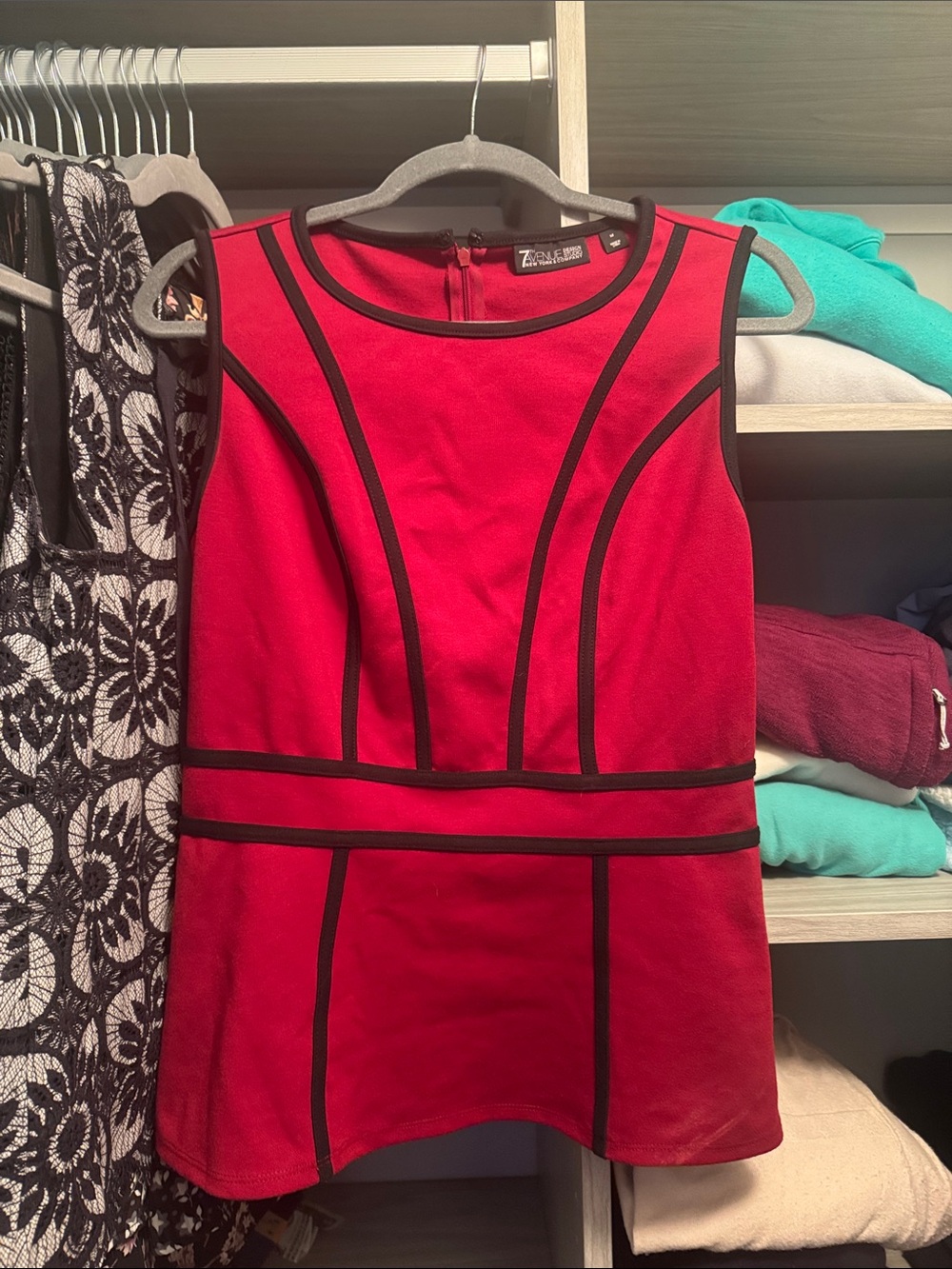 New York & Company Red Sleeveless Peplum Top with Black Trim